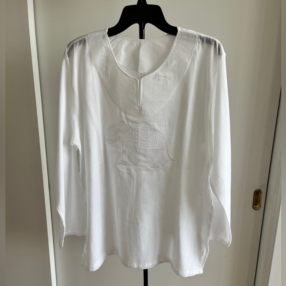 New White 100% Cotton Applique Lucky Elephant 🐘 Embroidered Tunic Top Blouse XL